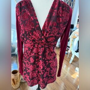 ONE WORLD Super Soft Burgundy Red Velvet Burniut Top w Floral Design #Valentine